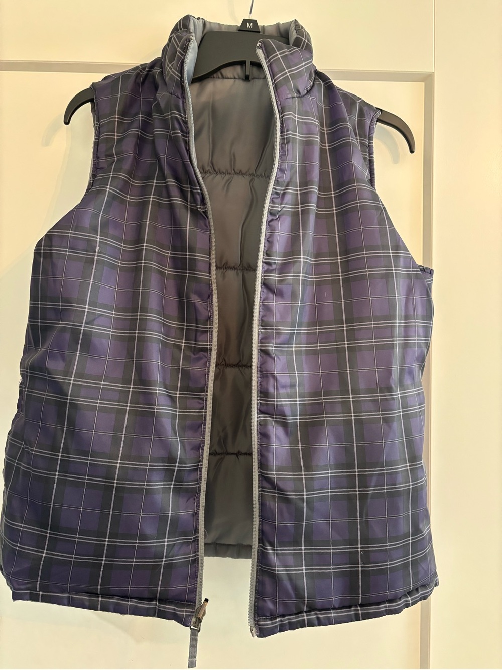 Women's Quilted Purple Plaid And Gray Reversible Puffer Vest